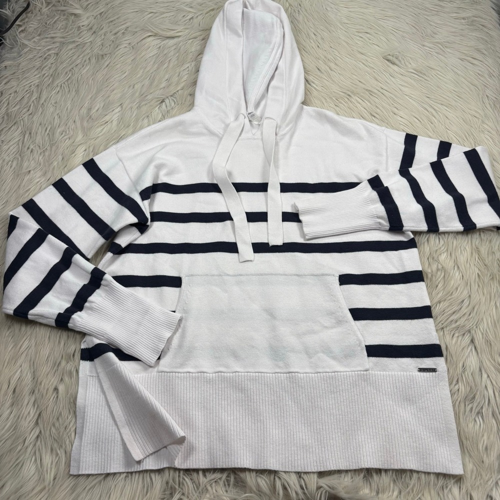 Glyder Women's S White Navy Striped Hooded Sweater Knit Top Coastal Preppy